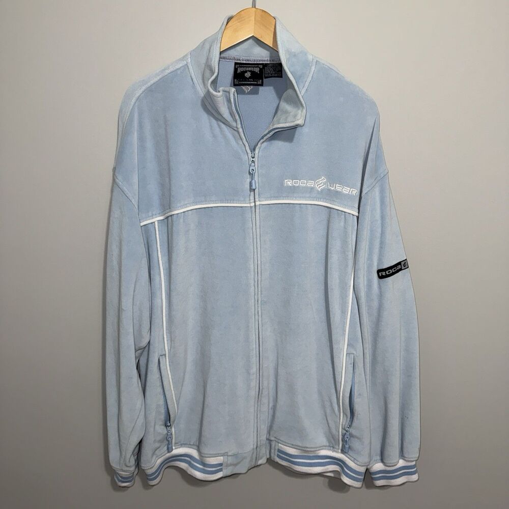 Rocawear Mens Track Jacket 2XL Light Blue Stripes Y2K Full Zip